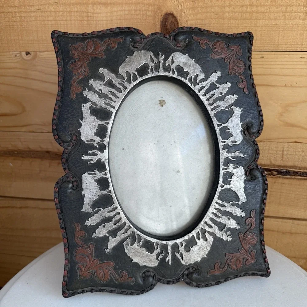 VTG‎ Western Cowboy Picture Frame Rodeo Rustic Ranch Oval Photo